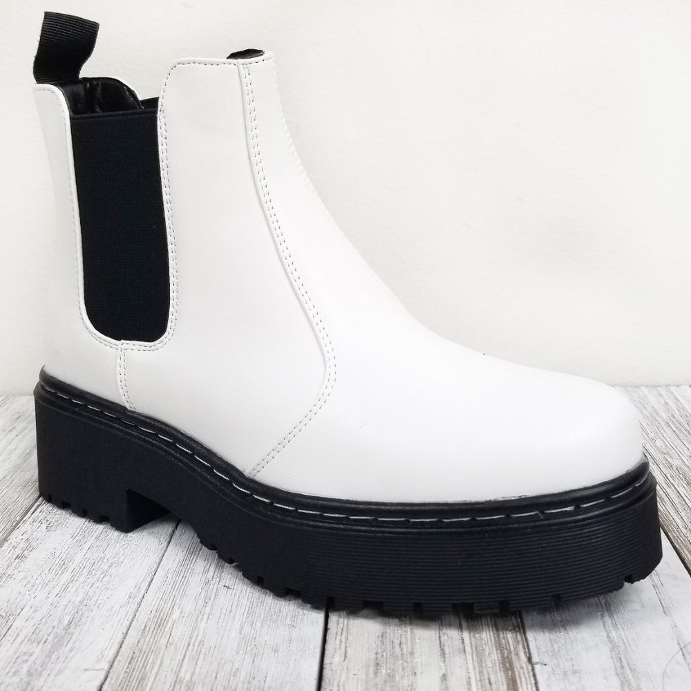 New White Chelsea Elastic Combat Boots Booties - Picture 3 of 5
